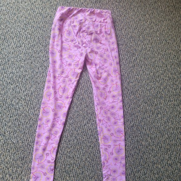 OS LuLaRoe Soft Stretchy Leggings Pink Purple Bicycle Print Leggings One Size - Picture 6 of 7